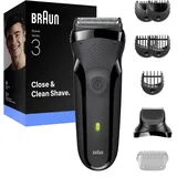 Braun Elektrorasierer Serie 3, 3 flexible Klingen, Bartschneider-Aufsatz, +5 Kämme, Trockenrasierer für Männer, Designed in Germany, 300BT, Grau