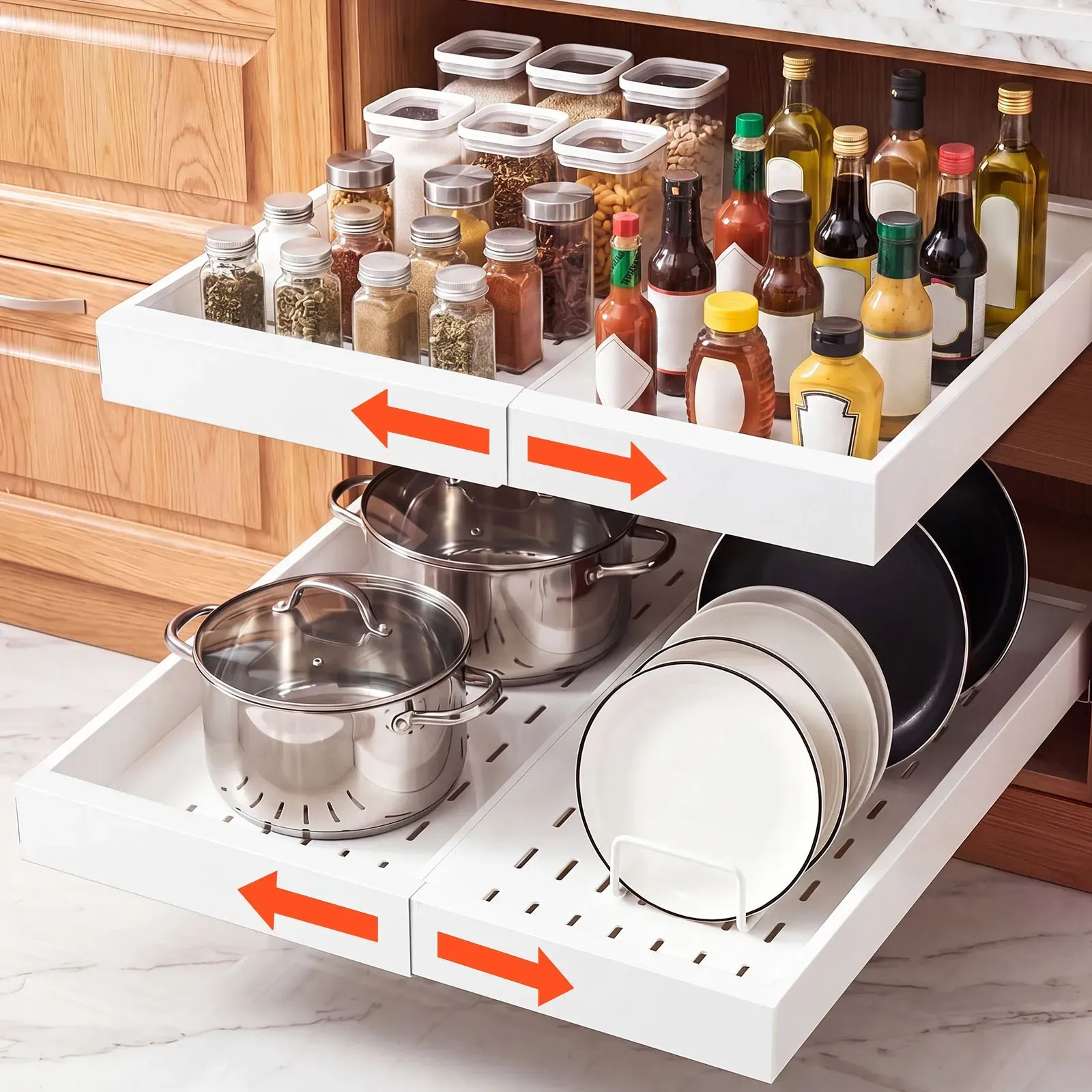 VEVOR 2 x Teleskopschubladen Ausziehbare Küchenschrank-Organizer 31-48 cm, 52 cm Tiefe Auszugsschubladen für Schränke, Erweiterbare Auszugsschubladen für Küchenschränke mit Nano-Klebestreifen, Weiß