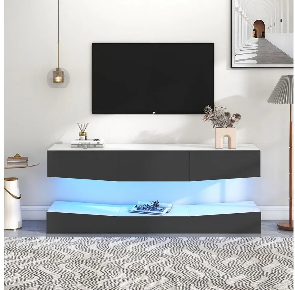 IDEASY TV-Schrank Schwebender TV-Schrank aus Holz, schwebendes Design (wandmontierter TV-Schrank für 55-Zoll-Fernseher) 16-Farben-LED-Licht, 4 Modi, mit 3 Schubladen schwarz