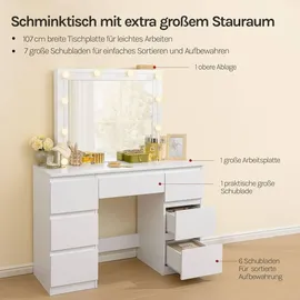 Woltu Schminktisch mit LED-Beleuchtung, einstellbare Helligkeit, Weiß - Weiß