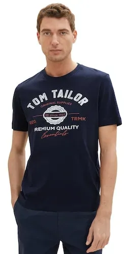T-Shirt TOM TAILOR, Herren, Gr. 3XL, blau (sky captain blau), Single Jersey, Obermaterial: 100% Baumwolle, bedruckt, regular fit normal, Rundhals, Shirts T-Shirt, mit großem Logofrontprint