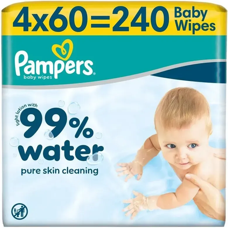 Pampers Feuchttücher 99% Water, 240 Tücher, unparfümiert, je 60 Tücher, je 4 Pack