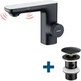 Lonheo - Zwei Infrarotsensor Wasserhahn Automatik Waschtischarmatur + Ablaufgarnitur mit Überlauf, Einhandmischer Wasserhahn Bad mit Pop Up, Schwarz