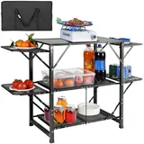 Vevor Camping-Küchentisch, Aluminium, Faltbar, Tragbar, Outdoor-Kochstation mit 4 Eisenseiten, 2 Regalen und Tragetasche, Schnelle Installation für Picknick, Grillen usw.