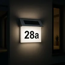 Melitec Solar-Hausnummer SH01 moderne LED-beleuchtete Hausnummer für außen, wasserdicht, aus Edelstahl, kabellose Solar-Hausnummernleuchte | Weiß/Silber
