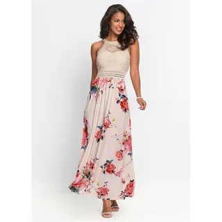 bonprix Sommer-Maxikleid mit Blumen-Print und Spitze, beige