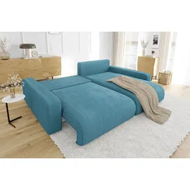 s-style möbel - Emma Ecksofa mit Schlaffunktion und Bettkasten in Cord-Stoff schöner Sitzkomfort, Ottomane rechts, B/T/H: 234 cm / 170 cm / 78 cm - Türkis