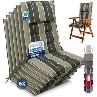Beautissu 6er Set Premium Hochlehner Auflage mit Kopfpolster 120x50cm Sun-HL – 8cm Dick Polster Gartenstuhlauflage rutschfest Befestigungsbänder UV-Lichtechtheit 5 – Robust Stoff Grün Gestreift