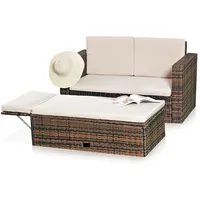 Feel2Home Garten-Essgruppe Gartensofa Fußbank Lounge Polyrattan Outdoor Garnitur versch. Farben, (2-tlg., Sofa & Ottomane), Kissen inkl. Reißverschluss daher abnehm- und waschbar braun