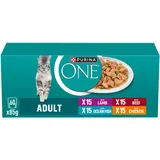 Purina One Adult Sorten-Mix Katzenfutter nass mit Huhn, Rind, Lamm und Hochseefisch in Sauce, für mehr Vitalität, 60er Pack (60 x 85g)