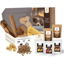 Wildfang Welpen Paket XXL Willkommen Liebling Welpe - kleine Hunde | Starterset für Welpen, getreidefreie Snacks, Käsesnacks, Lederknochen, Kaustab aus Olivenholz, Kaffeeholz, Yak Cheese, Kauwurzel