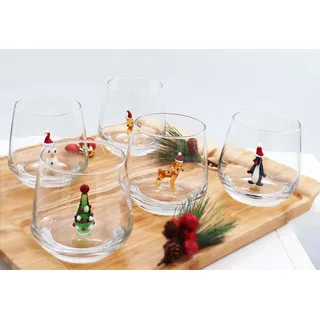 Mundgeblasene Figuren im Trinkglasbecher, stielloses Glas mit versteckten Tieren im Inneren, einzigartiges Geschenk und Dekor, 340 ml (Weihnachtsset)