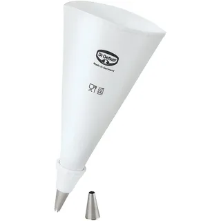 Dr. Oetker Spritzbeutel Baumwolle 35 cm, Universaladapter und zwei hochwertige Edelstahl-Tüllen inklusive, Backzubehör zum Dekorieren und Verzieren (Farbe: weiß), Menge: 1 Stück