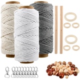 USENG 61Stk. Makramee Garn Set,3mm Makramee Garn DIY Macrame Set für Anfänger,Makramee Baumwollgarn mit Holzperlen Schlüsselanhänger,Makramee Anfänger Set für Geschenk,Makramee Bastelset Zubehör Set