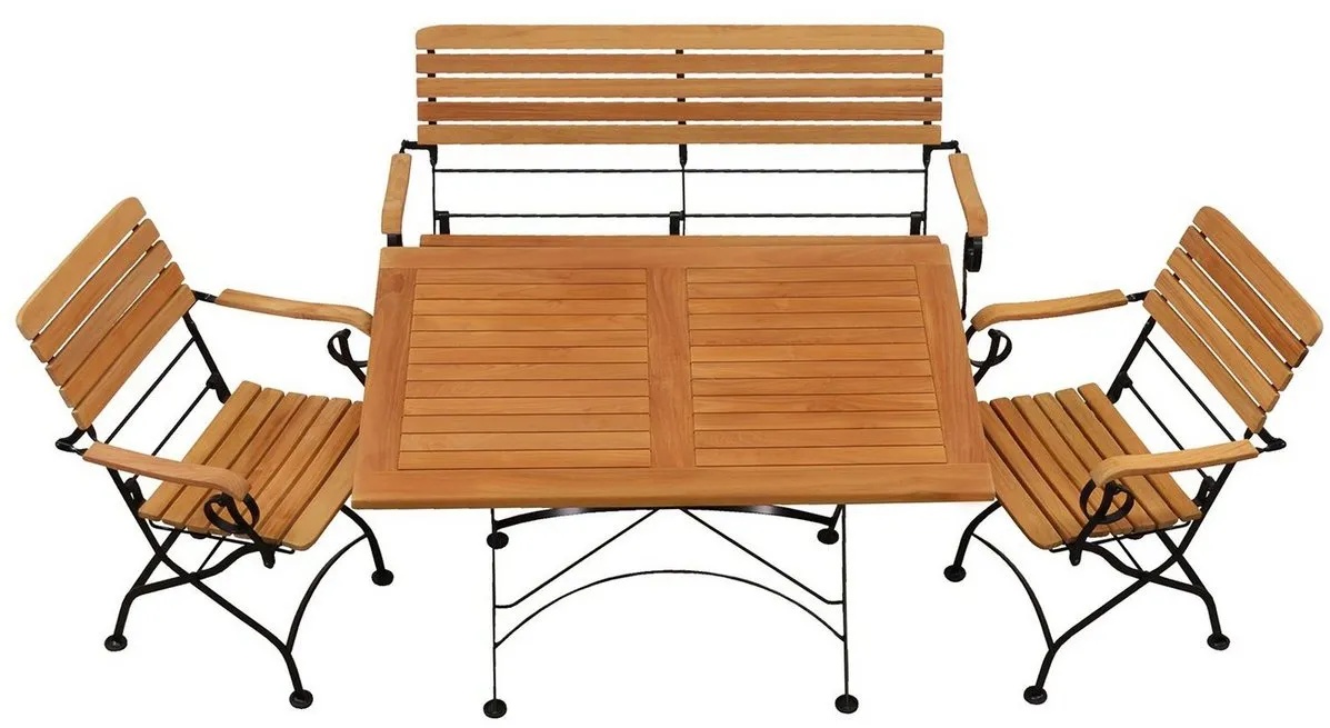 Kai Wiechmann Garten-Essgruppe Premium Teak Sitzgruppe aus 2 Stühlen + 1 Bank + 1 Tisch 120 x 80 cm, (4-tlg., 2 Teak/Stahl Klappstühle, 1 Teak/Stahl Bank, 1 Teak/Stahl Tisch), edles Balkonset aus Teak & pulverbeschichtetem Stahl