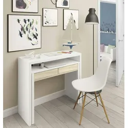 Dmora Konsolentisch Billings, Schreibtisch mit ausziehbarer Platte, PC-Schreibtisch mit 2 Schubladen, 99x36h88 cm, Weiß und Eiche