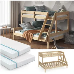 VitaliSpa Hochbett Kinderbett Spielbett Everest Natur modern 140x200 Massivholz Kinderzimmer Bett Lattenrost Bettleiter Kletterbett Doppelbett Geschwisterbett Matratze