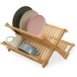 Relaxdays Abtropfgestell klappbar, 2 Ebenen, Geschirrtrockner für Teller, Tassen, Schalen, Bambus, Abtropfgitter, natur