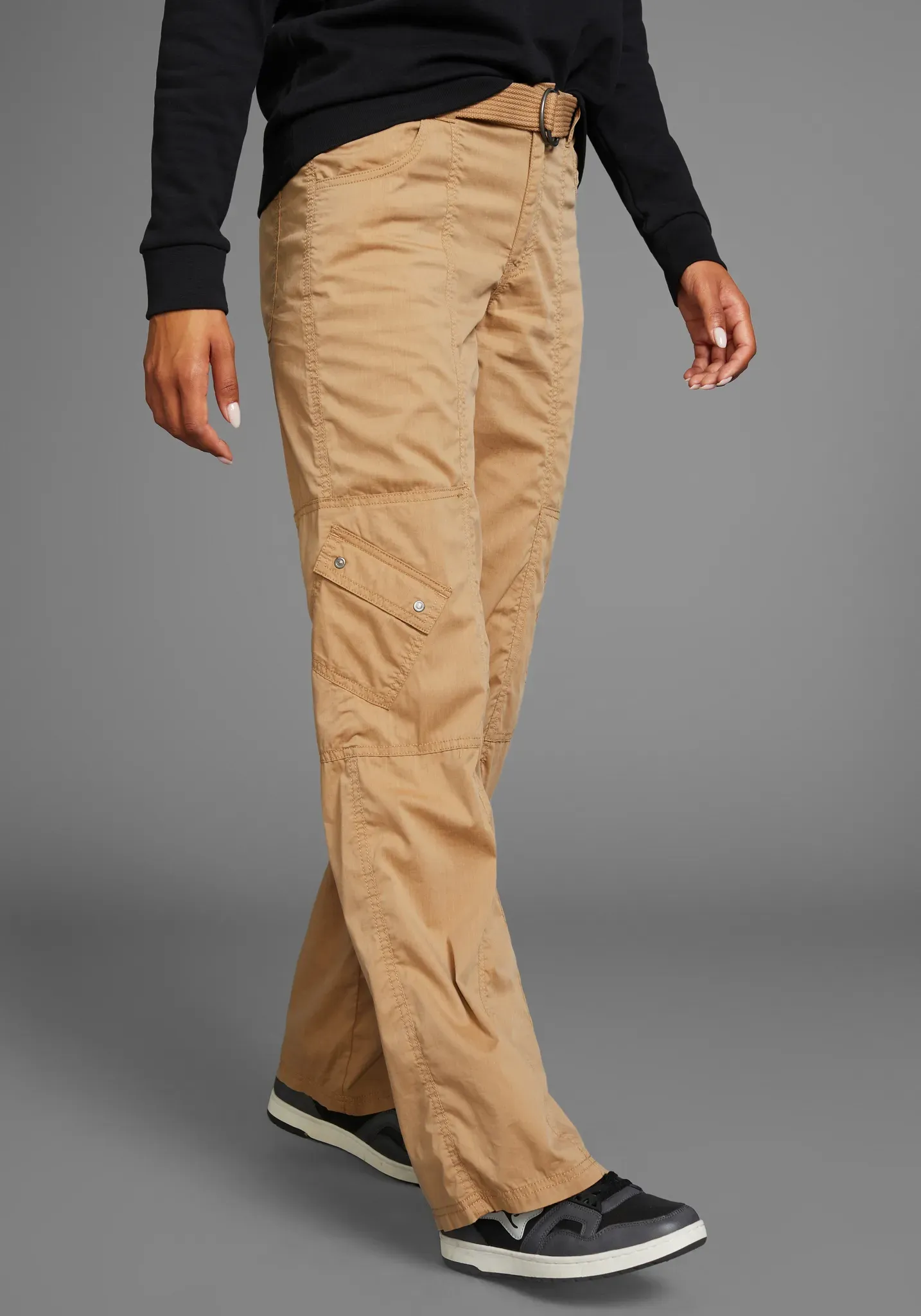 Cargohose KANGAROOS, Damen, Gr. 42, N-Gr, braun (camel), Web, Obermaterial: 50% Baumwolle, 46% Polyamid, 4% Elasthan, kontrastfarbene Details, unifarben, bequem bodenlang, Hosen Cargohose, mit besonderem Taschen-Design, Topseller