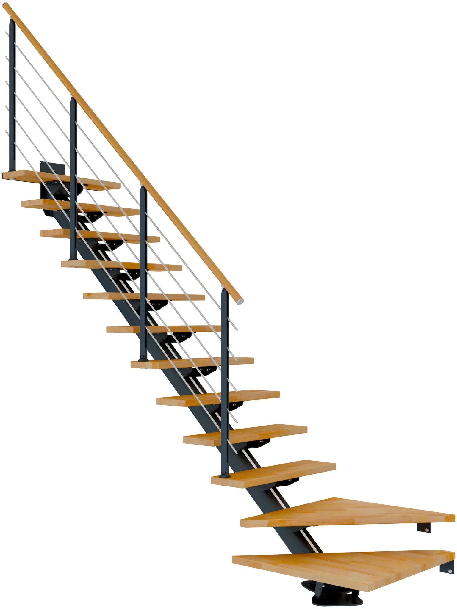 Dolle Mittelholmtreppe Sydney in Buche, geölt 75 cm breit 1/4 gewendelt für Geschosshöhen 240 – 292 cm UK Metall Anthrazit mit einseitigem Designgeländer