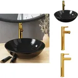 Badezimmer Waschbecken mit Wasserhahn Ablaufgarnitur Schwarz - Rundes Waschbecken - Schwarzes Waschbecken - Goldener Wasserhahn - Glaswaschbecken