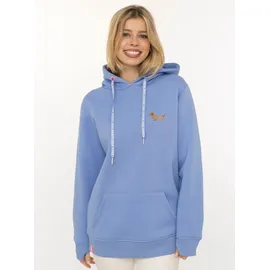 Zwillingsherz Hoodie "Kleiner Dackel", Damen, Gr. S/M, blau (mittelblau), angeraute Sweatware, Obermaterial: 50% Baumwolle, 50% Polyester, unifarben, Sweatshirts Hoodie, "Dackel"-Stickerei, bedruckter Kordelzug, Kängurutasche