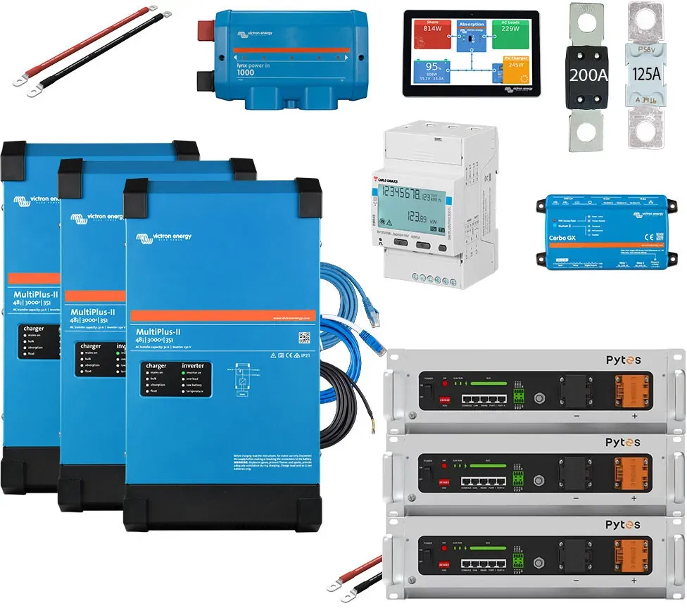 HUSATECH PowerSet 3 Phasig mit Victron MultiPlus II 48/3000/35-32 und 15,3 kWh Pytes E-Box V5° LFP-Batterie