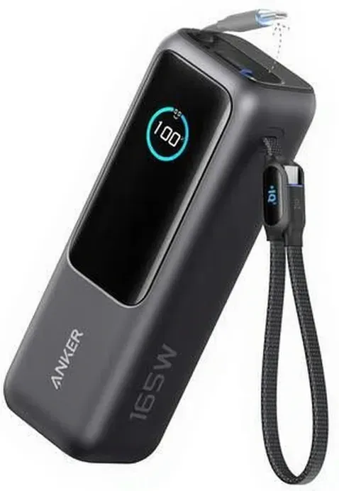 Anker Powerbank (25.000 mAh, 165 W, integriertes USB-C und einziehbares Kabel) – Schwarz