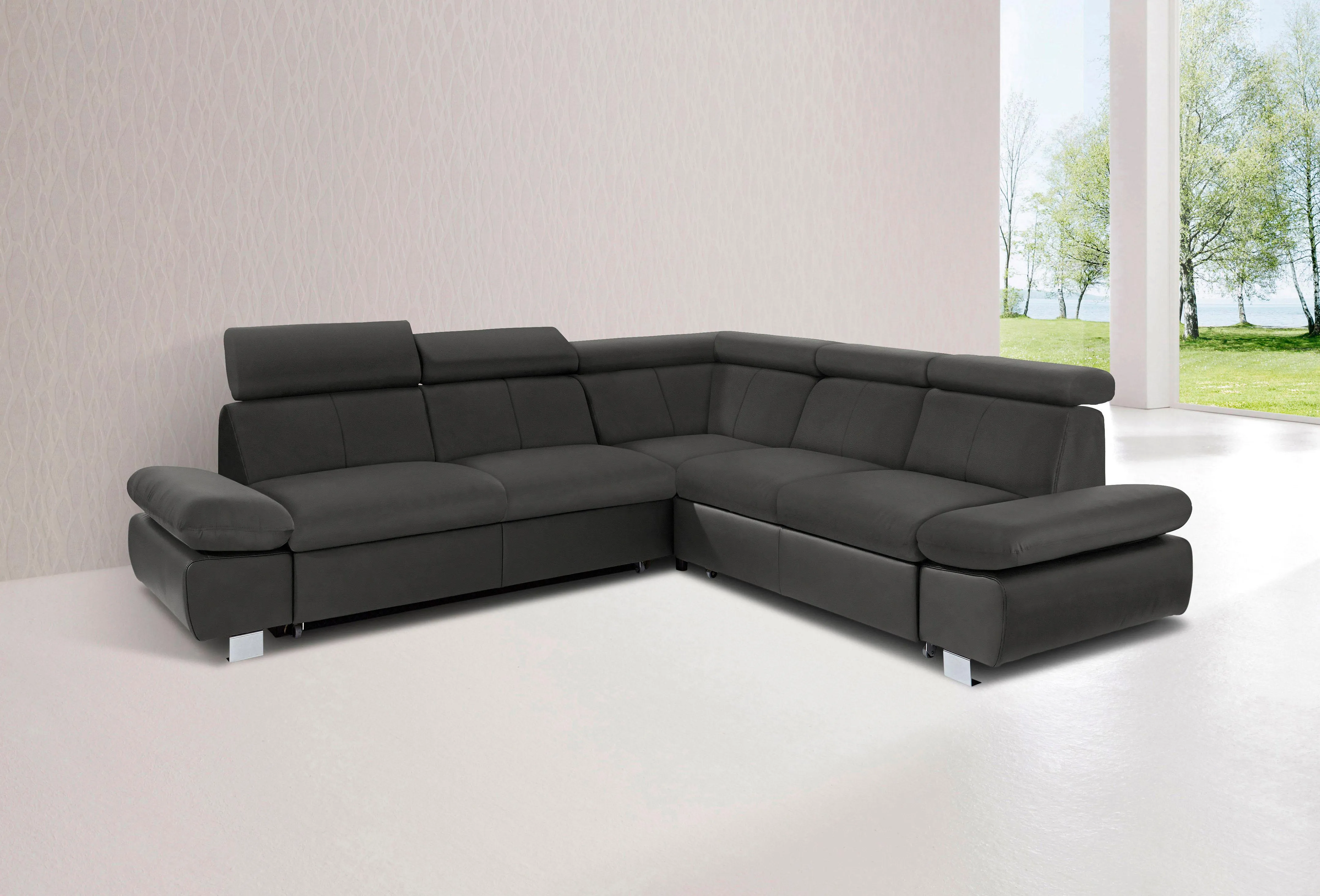 exxpo - sofa fashion Ecksofa »Happy, modern und bequem, L-Form«, inkl. Kopfteil- und Armlehnverstellung, wahlw. mit Bettfunktion, Leder exxpo - sofa fashion schwarz