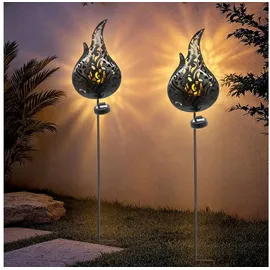 Spetebo Solar Gartenstecker Flamme mit LED Crackle Glaskugel - 2er Set - Metall Deko Fackel 92 cm mit Flammenlicht