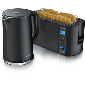Arendo Frühstücksset, Wasserkocher ELEGANT 1,5 Liter, 4-Scheiben Langschlitz Toaster, Schwarz