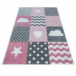 Kinderteppich mit Karo-Design & Herz-Stern-Wolke-Muster – Rechteckig oder Rund