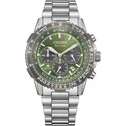 Chronograph CITIZEN "Promaster Sky", silberfarben, grün, Armbanduhren, Herren, Armbanduhr, Solar, Herrenuhr, Edelstahlarmband, analog, Tag