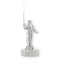Pokal Kunststofffigur Baitcaster silbermetallic auf weißem Marmorsockel 26,0cm