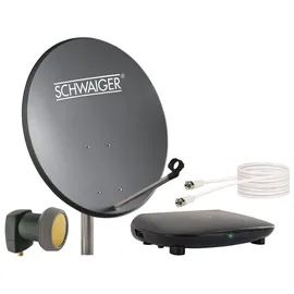 Schwaiger Satellitenschüssel Komplettset I Ø 60 cm Stahl Offset Antenne in anthrazit I Inkl. sonnengeschütztes Single LNB, HD SAT-Receiver mit Fernbedienung & Koaxialkabel I Digital HD Empfang