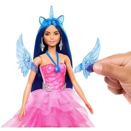 Mattel Barbie Einhorn-Spielzeug, Puppe zum 65. Jubiläum mit blauen Haaren, pinkfarbenem Kleid und Haustier-Einhorn