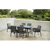 Konifera Garten-Essgruppe »Edessa, TOPSELLER!«, (Set, 19 tlg., 6x Sessel, 1x Tisch 180x97x74 cm, inkl. Auflagen, Aluminium), Tischplatte aus Alu-Lamellen,Armlehne mit Seilgeflecht&Noonwood-Latten, braun