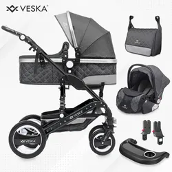 VESKA® 3 in 1 Kombi-Kinderwagen Buggy Reisebuggy inkl. Auto- Babyschale Jogger Faltbar - Schwarz - anthrazit/anthrazit