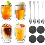 Aiuuee Latte Macchiato Gläser Doppelwandige 4 x 350 ml, Cappuccino Gläser mit 4 Löffel + 4 Untersetzer,Kaffeegläser,Eiskaffee Gläser,Thermogläser für EIS,Eistee,Iced Americano,Milch,Saft,Bier