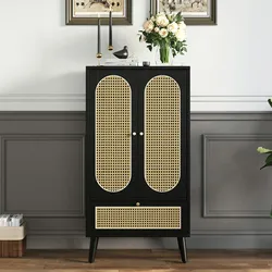 Merax Kompaktes Sideboard, Rattan-Design, Schwarz, Highboard, Esszimmerschrank, Bücherregal