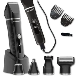 krumad Haarschneidemaschine 6-in-1 IPX7 – Barttrimmer Herren, Elektrorasierer & Nasenhaartrimmer mit LED-Display – 1,5h Schnellladung/120 Min Laufzeit, 3/6/9/12 mm Aufsteckkämme – Bodygroom