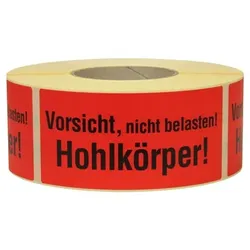 Warn- und Hinweisetiketten 145x70mm, aus Papier rot, mit Aufdruck "Vorsicht nicht belastbarer Hohlkörper!"