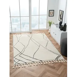 Hochflor-Teppich "Moroccan Drawline Lagerräumung", schwarz-weiß (weiß, schwarz), B:140cm H:24mm L:200cm, Polypropylen (PP), Polyester, MYFLAIR MÖBEL & ACCESSOIRES, Teppiche, modern, marokkanisches Design, flauschig weich durch Hochflor