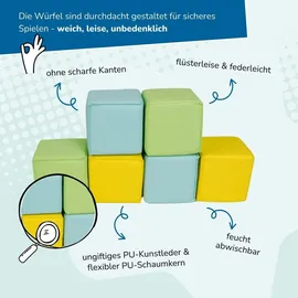 alldoro 60802 Softbausteine-Set mit 6 Schaumstoffwürfeln, 14 x 14 x 14 cm, für Kinder ab 0 Jahre, flüsterleise & sicher, Gelb/Grün/Türkis