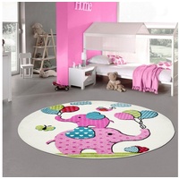Kinderteppich Kinderzimmer-Teppich mit süßen Elefanten, in creme, rosa, Teppich-Traum, rund weiß rund - 120 cm x 120 cm