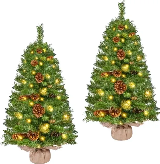 Yaheetech Set mit 2 90 cm Tisch-Weihnachtsbäumen, batteriebetriebener Mini-Kunstweihnachtsbaum mit Kiefernzapfen, 50 warmweiße LED-Lichter und Betonsockel mit Jutebezug, grün