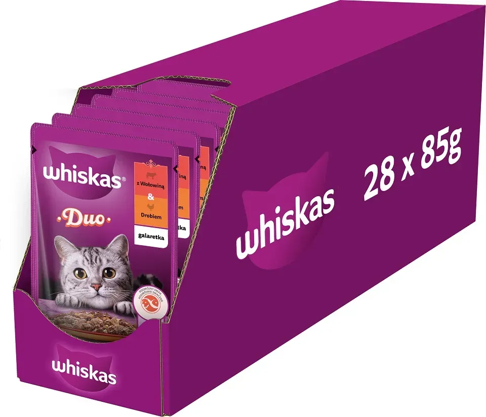 WHISKAS Adult 28x85 g Katzenfutter für ausgewachsene Katzen in Gelee mit Rindfleisch und Geflügel