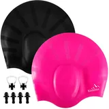 Kinmsito 2 Pack Badekappe mit Ohrenschutz,Schwimmkappe für Frauen und Männer,Unisex Silikon Badekappen für Kurze und Lange Haare mit Ohrstöpseln und Nasenclip