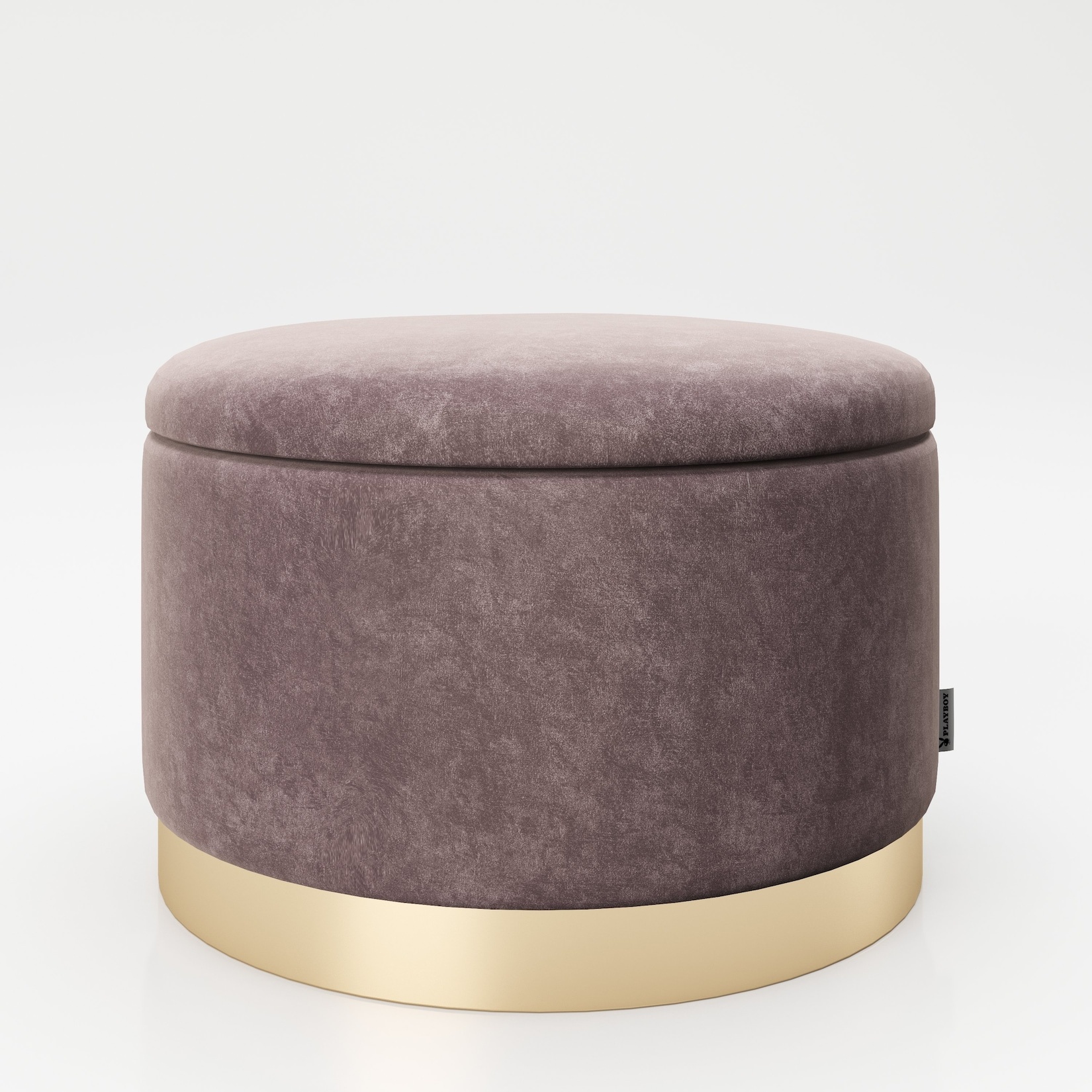 PLAYBOY - runder Pouf "SUE" gepolsterter Sitzhocker mit Stauraum, Samtstoff in Rosa, Metallfuss in Goldoptik, Retro-Design