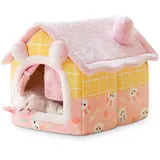 ALLSOPETS Hundehaus für Drinnen, Faltbare Hundehöhle und Katzenhöhle, Warmes und Gemütliches Hundehaus Indoor, Waschbares Haustierbett mit Abnehmbarem Kissen (Rosa Häschen, M)